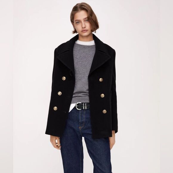 Zara Jackets & Blazers - ZARA Manteco Premium Quality Gold Button Wool Blend Coat, Black, Size M